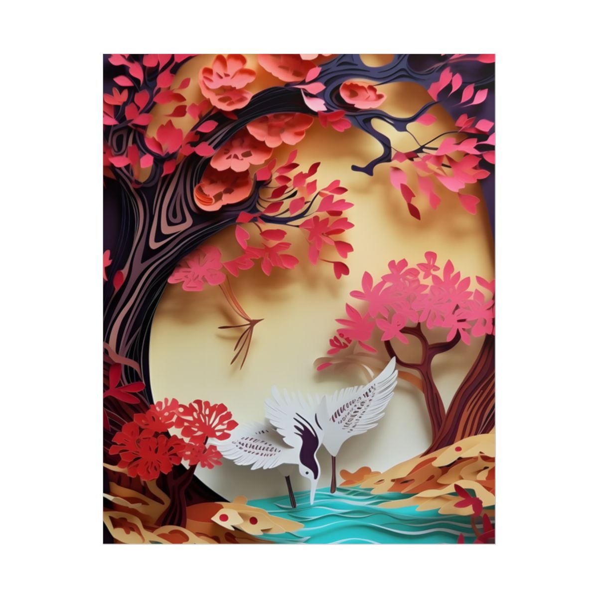 Vibrant Quilled Japanese Landscape: Rolling Hills and Mountains - Poster