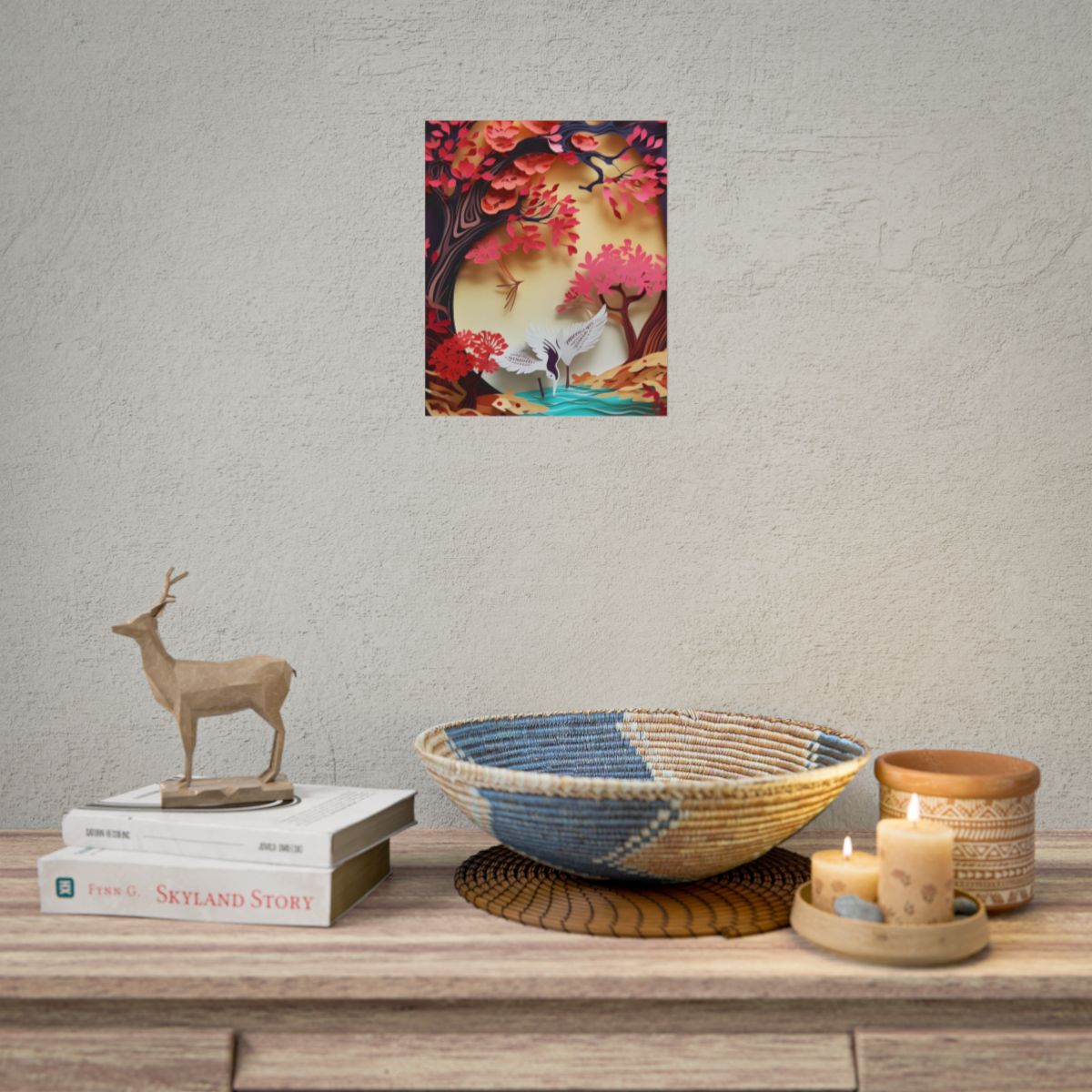 Vibrant Quilled Japanese Landscape: Rolling Hills and Mountains - Poster