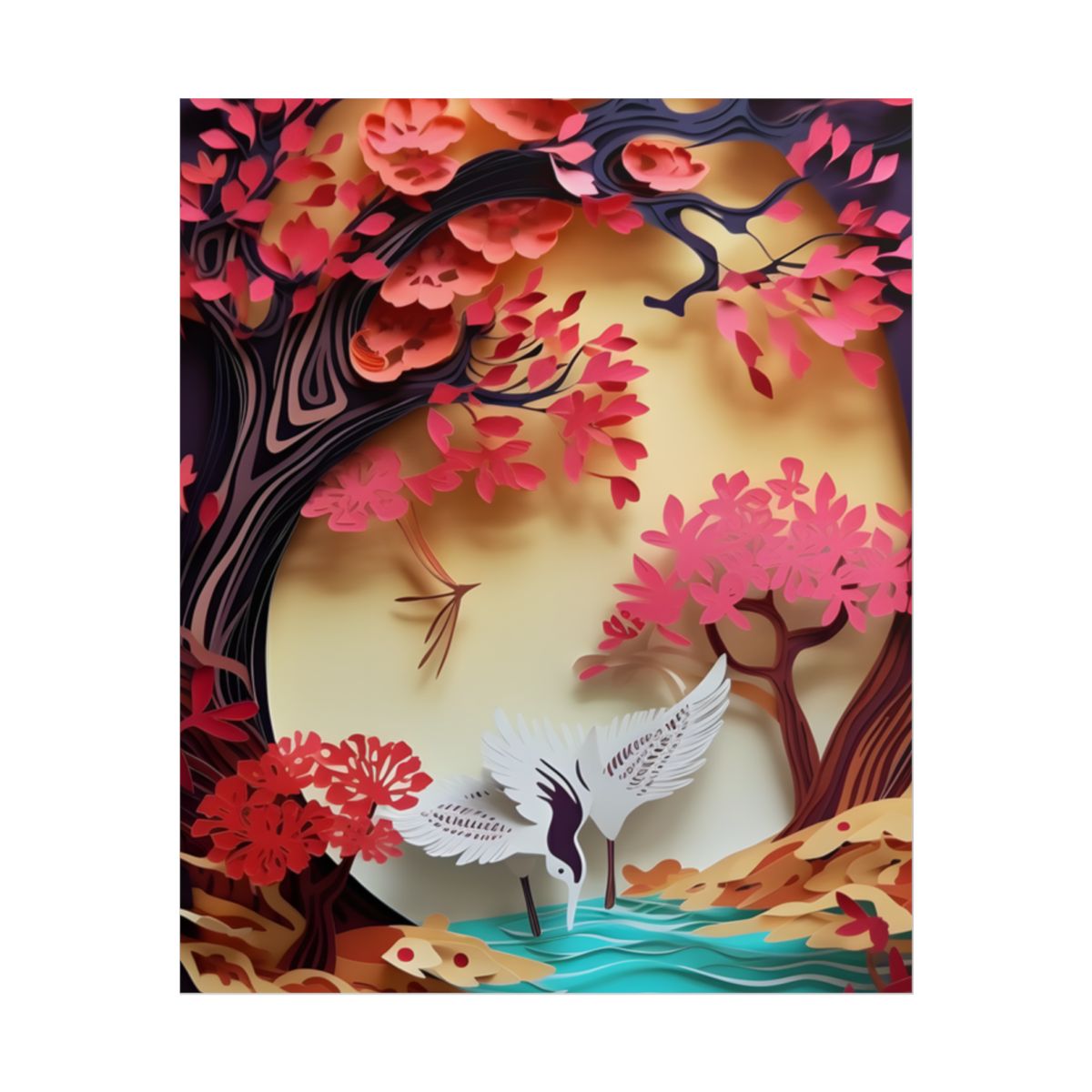 Vibrant Quilled Japanese Landscape: Rolling Hills and Mountains - Poster