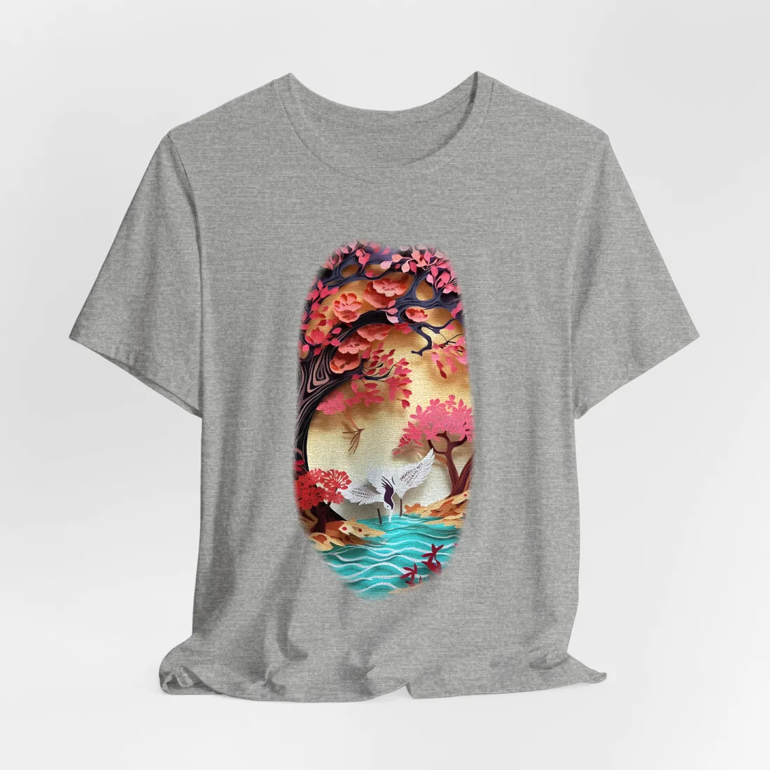 Cherry Blossom Branch with White Crane: Paper Quilled Nature Art – T-Shirt, athletic heather
