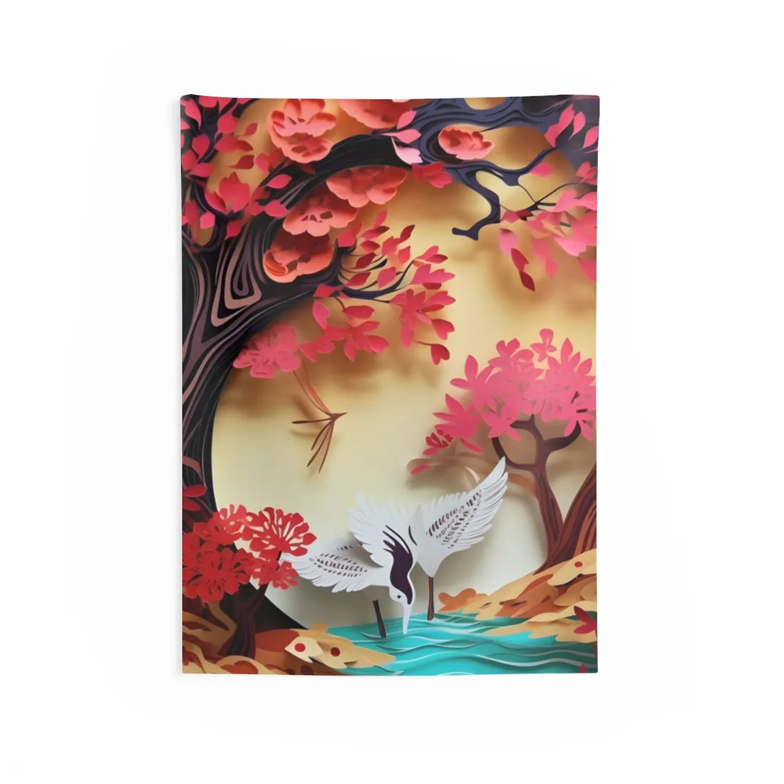 Vibrant Quilled Japanese Landscape: Rolling Hills and Mountains - Wall Tapestry