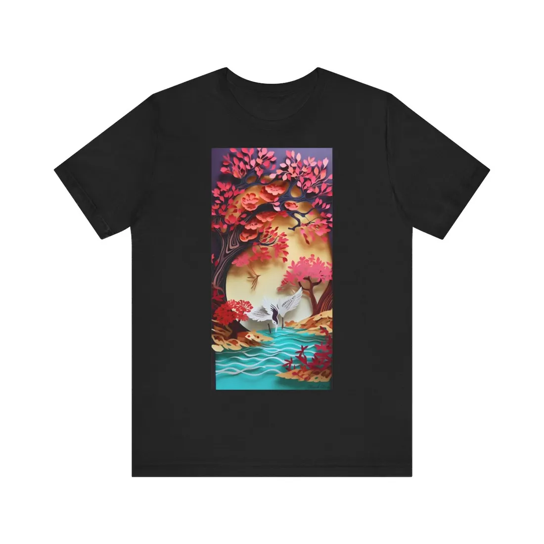 Vibrant Quilled Japanese Landscape: Rolling Hills and Mountains - T-Shirt
