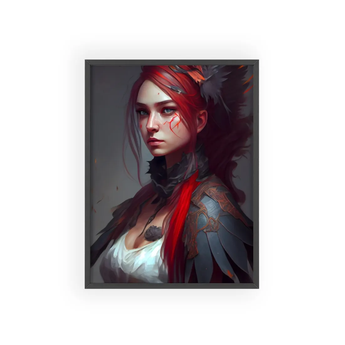 Vibrant Red Hair Female Portrait: Elegant Black Dress - Framed Poster