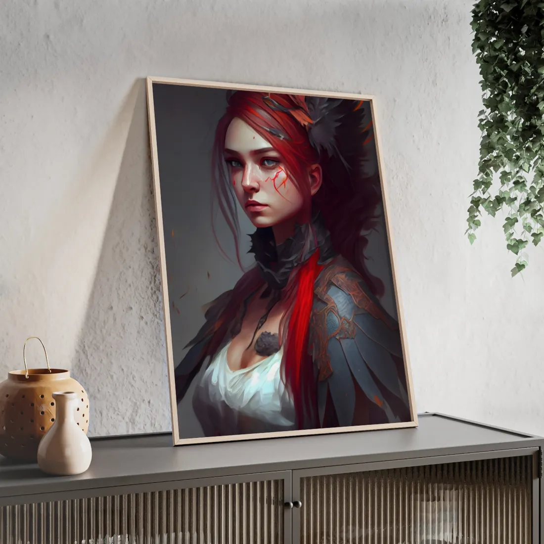 Vibrant Red Hair Female Portrait: Elegant Black Dress - Framed Poster