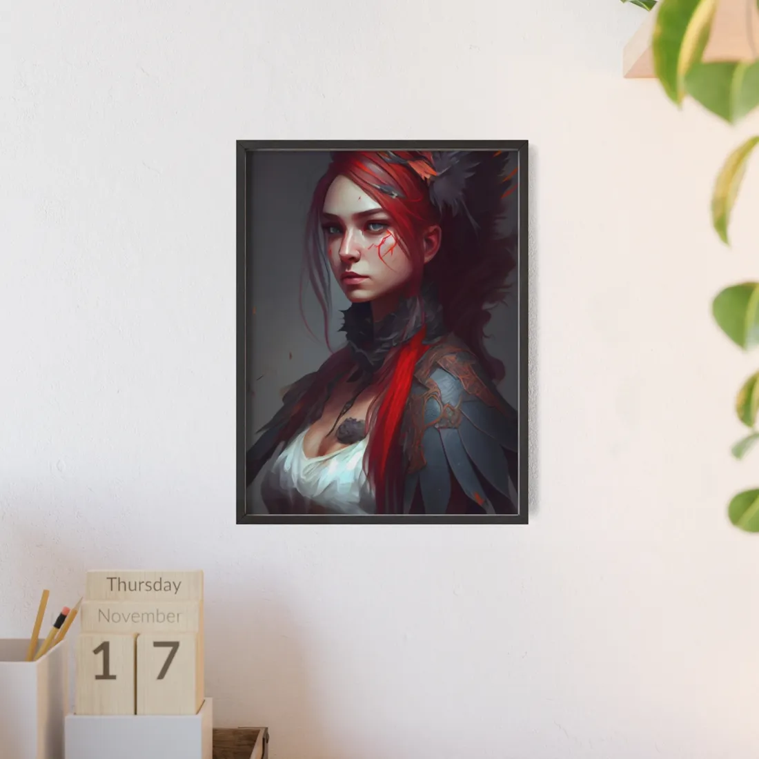 Vibrant Red Hair Female Portrait: Elegant Black Dress - Framed Poster