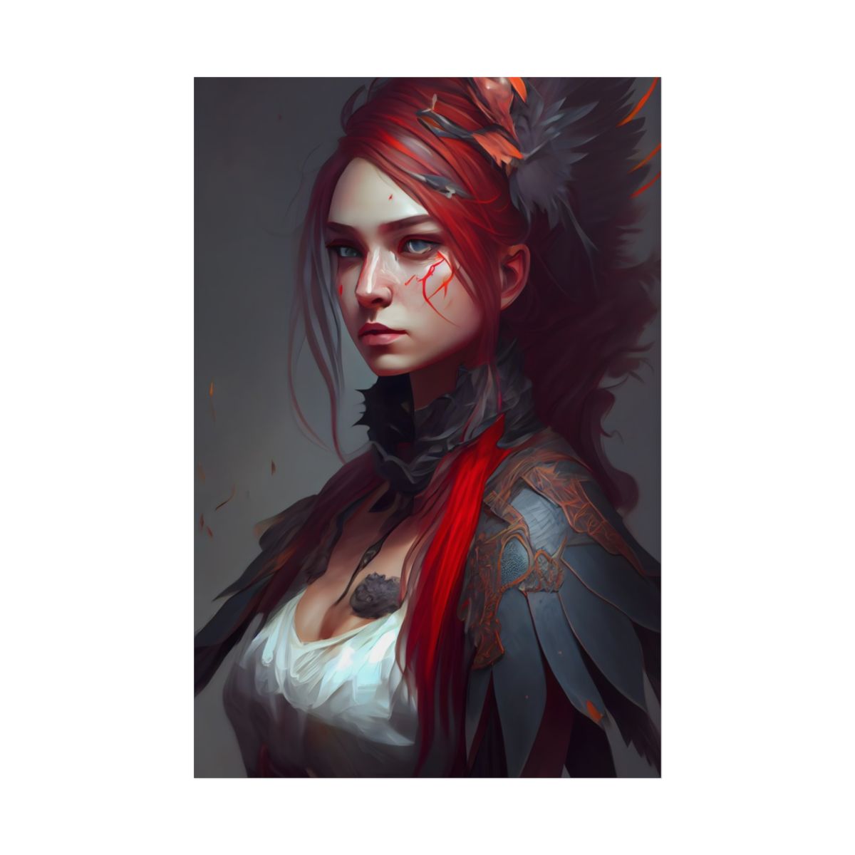 Vibrant Red Hair Female Portrait: Elegant Black Dress - Poster