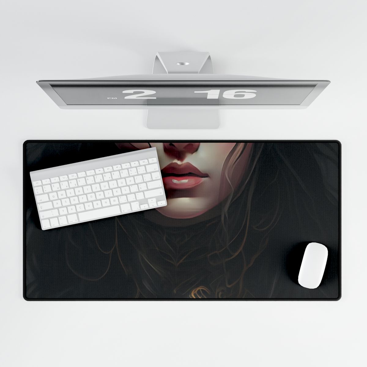 Vibrant Red Portrait: Dynamic Female Artwork - Desk Mat