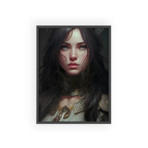 Dark-Haired Woman in Gold Armor Framed Poster