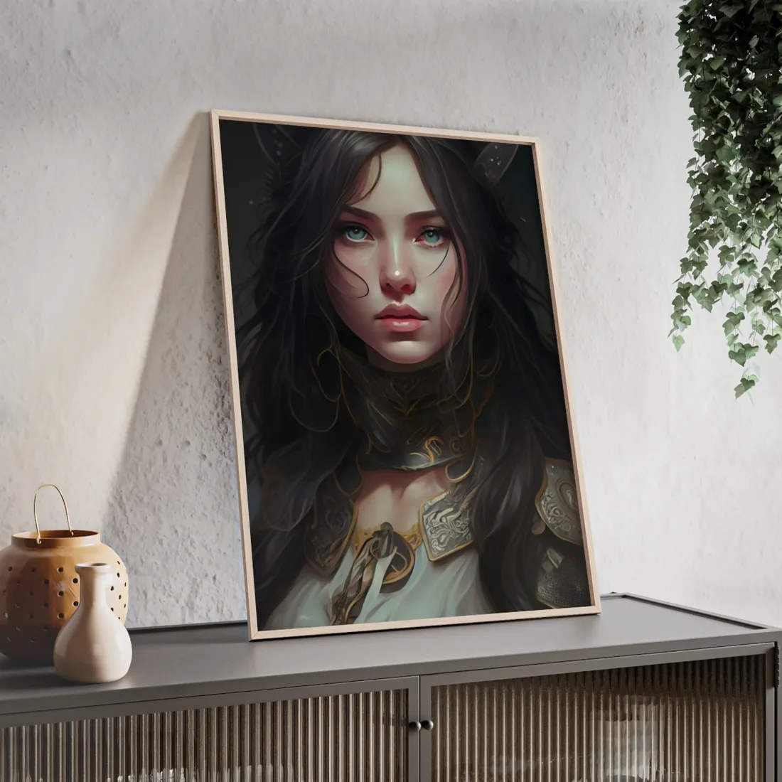 Vibrant Red Portrait: Dynamic Female - Framed Poster