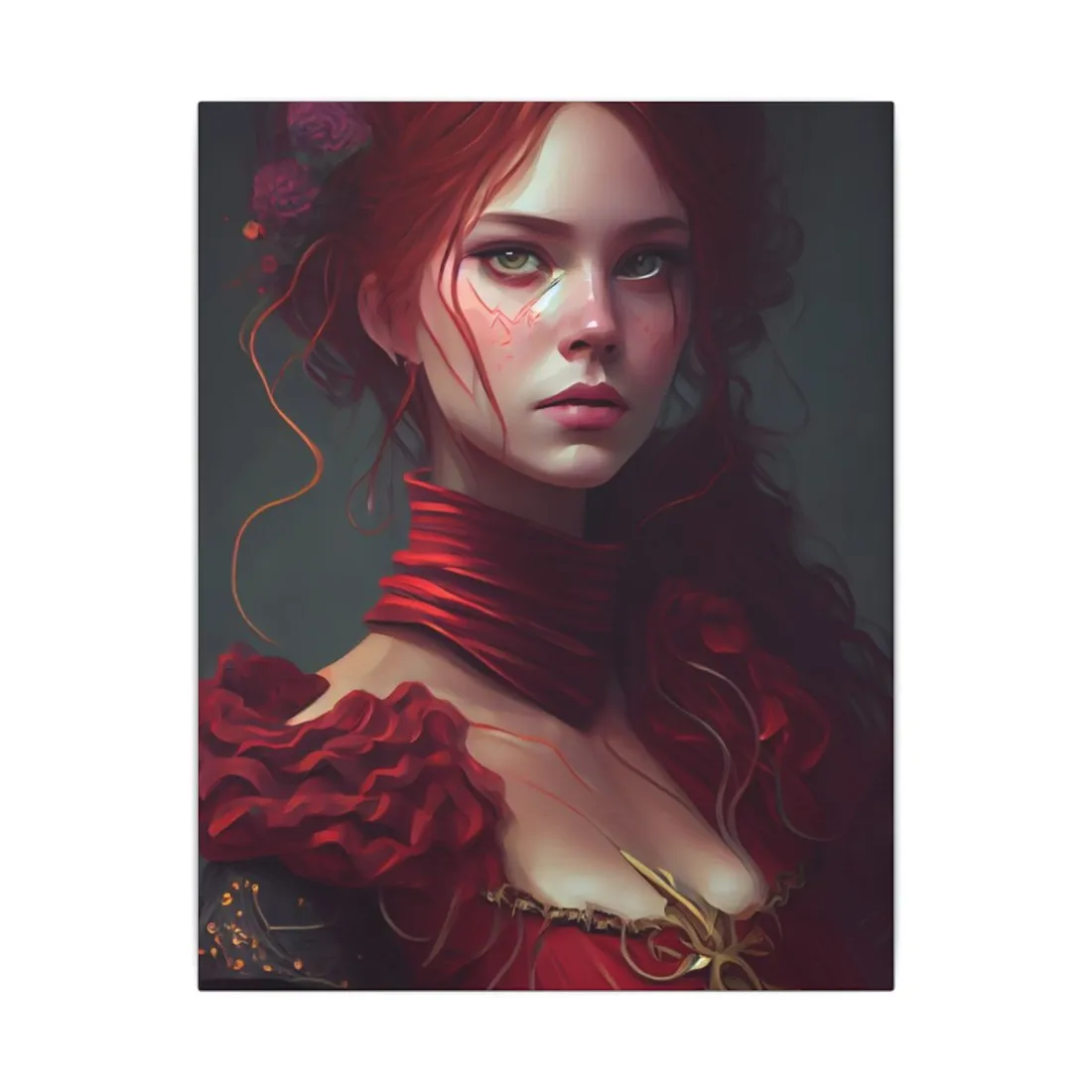 Vibrant Redhead Portrait: Female Artwork in Red Dress - Canvas