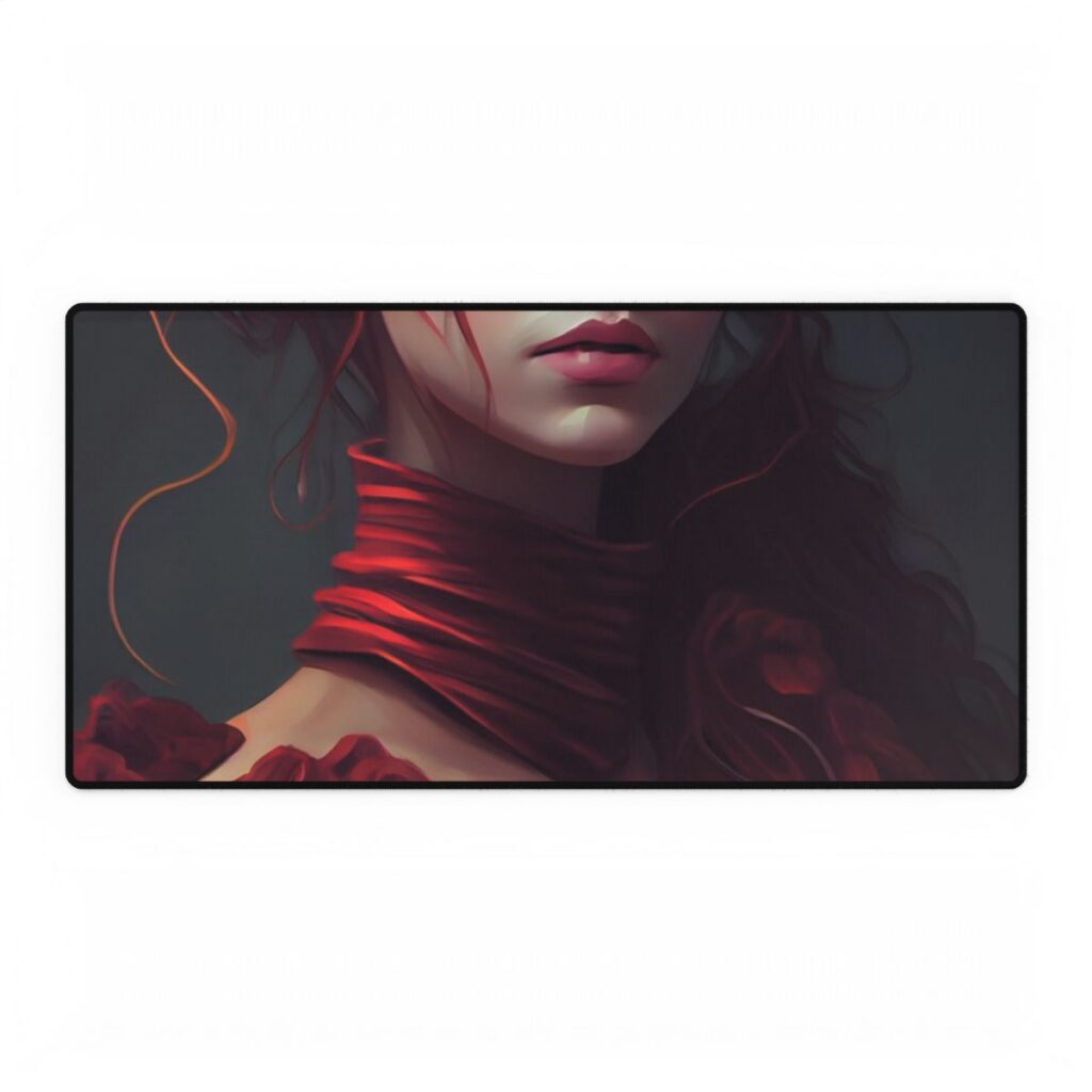 Vibrant Redhead Portrait: Female Artwork in Red Dress - Desk Mat