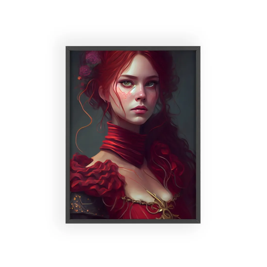 Vibrant Redhead Portrait: Female Artwork in Red Dress - Framed Poster