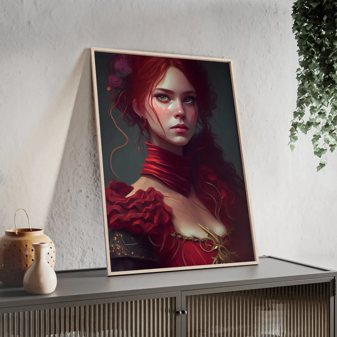 Vibrant Redhead Portrait: Female Artwork in Red Dress - Framed Poster