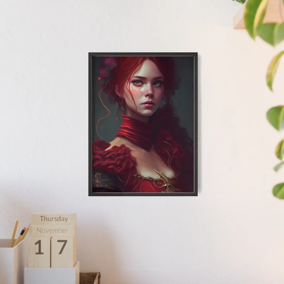 Vibrant Redhead Portrait: Female Artwork in Red Dress - Framed Poster