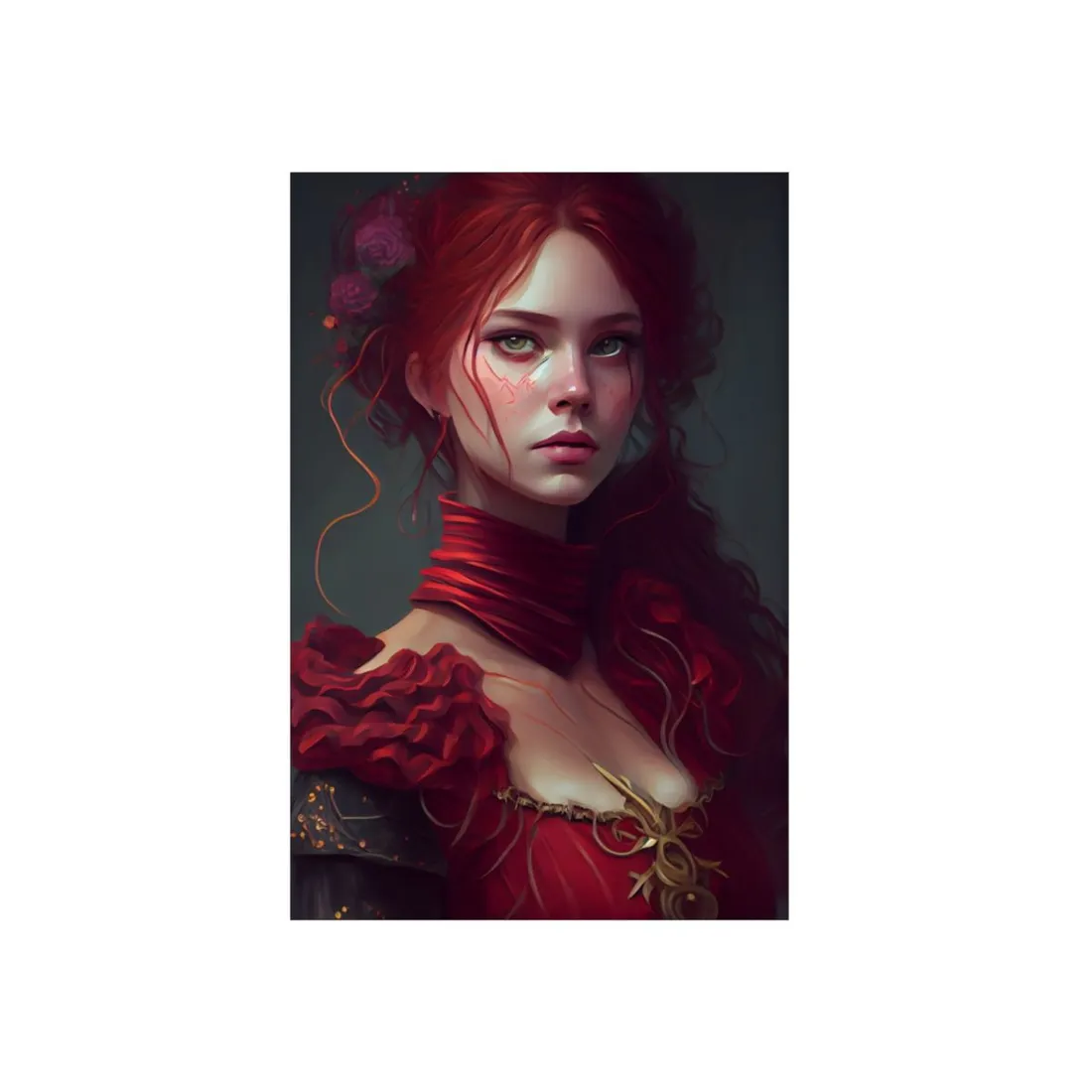 Vibrant Redhead Portrait: Female Artwork in Red Dress - Metal Poster