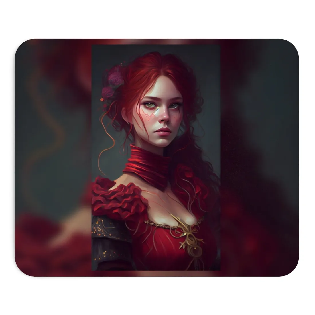 Vibrant Redhead Portrait: Female Artwork in Red Dress - Mouse Pad