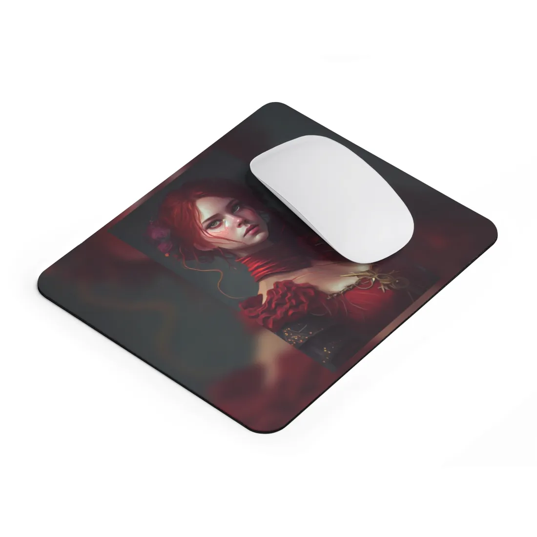 Vibrant Redhead Portrait: Female Artwork in Red Dress - Mouse Pad