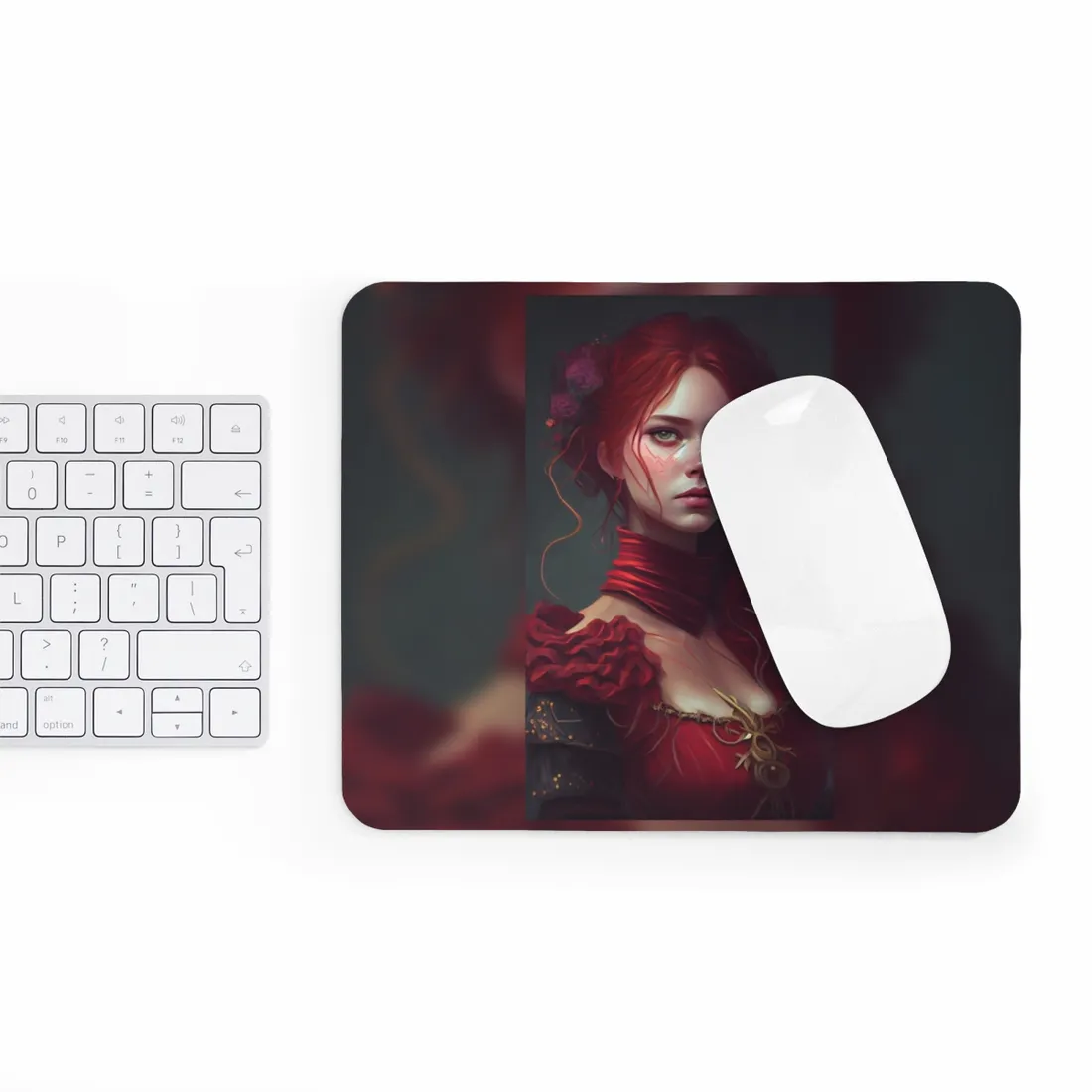 Vibrant Redhead Portrait: Female Artwork in Red Dress - Mouse Pad