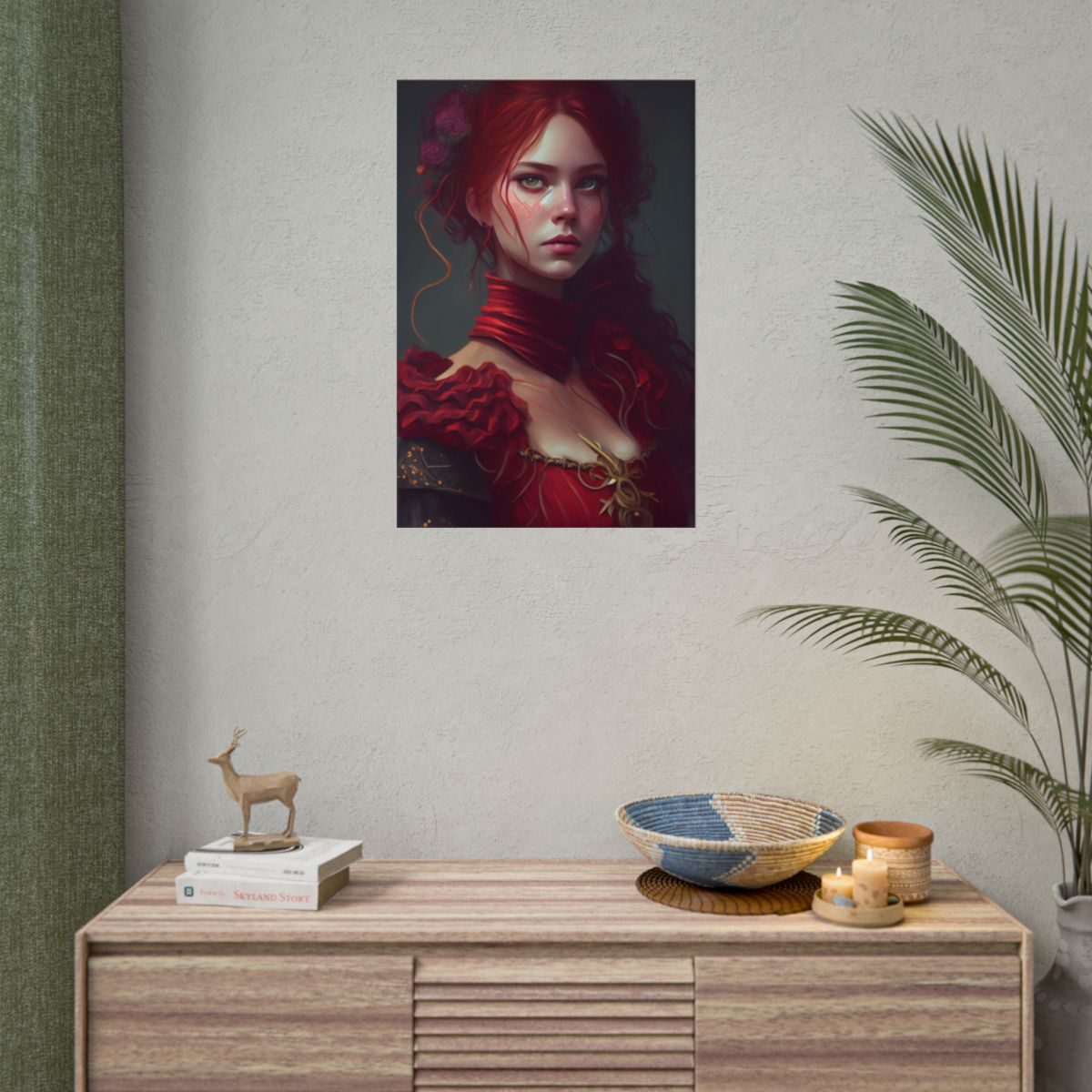 Vibrant Redhead Portrait: Female Artwork in Red Dress - Poster
