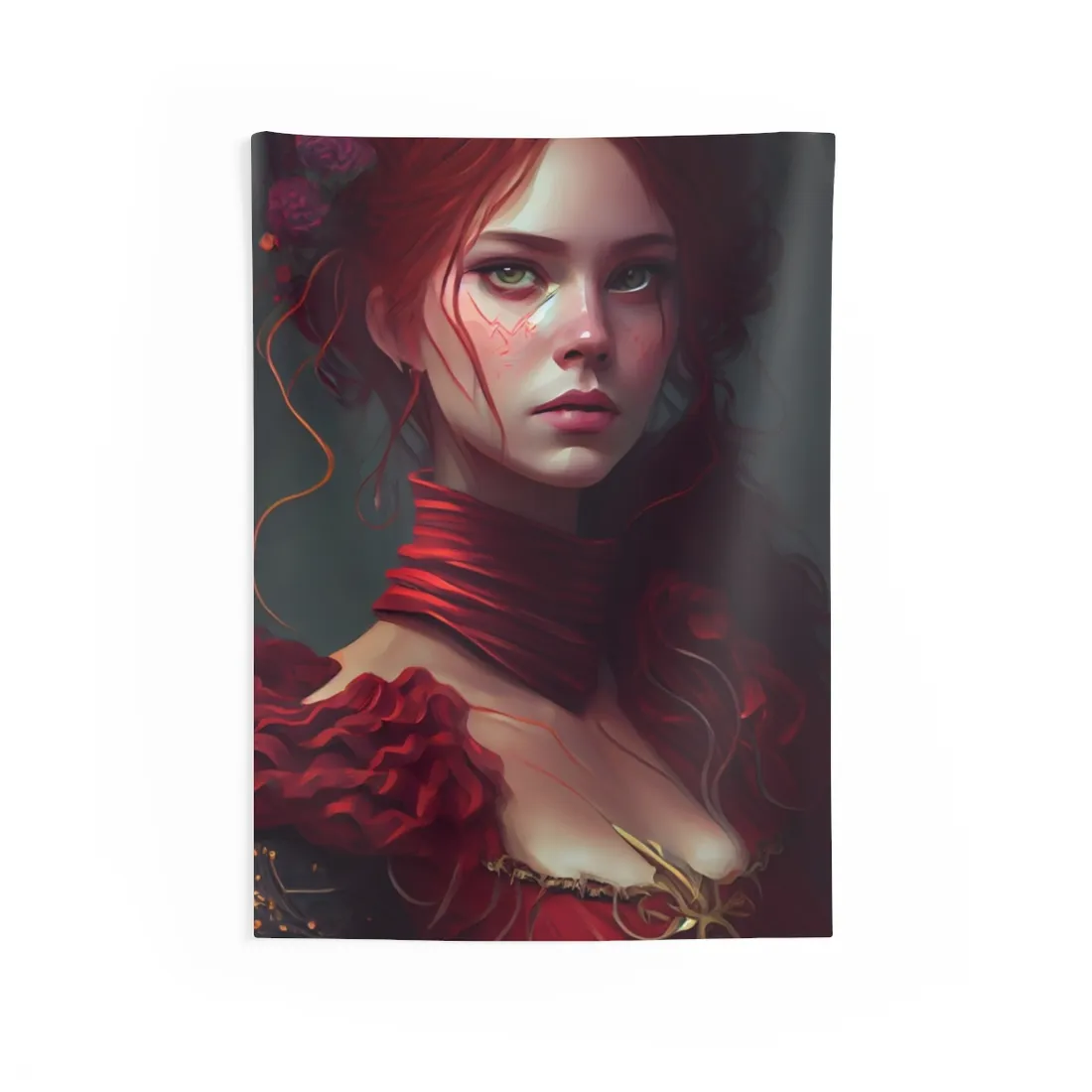 Vibrant Redhead Portrait: Female Artwork in Red Dress - Wall Tapestry