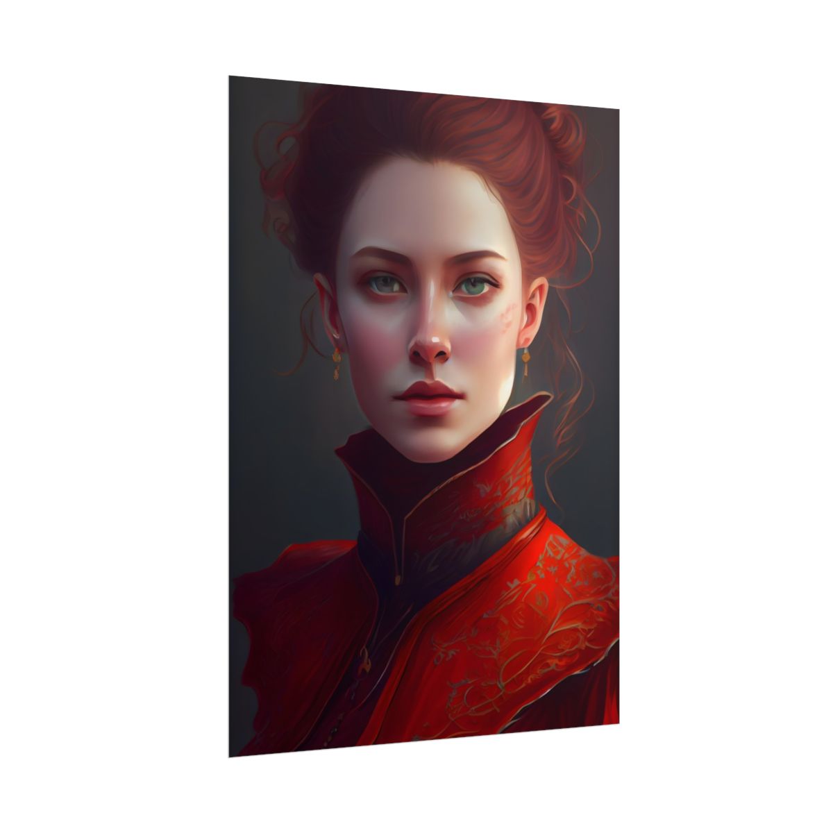 Vibrant Redhead Portrait in Red Dress: Artwork - Poster
