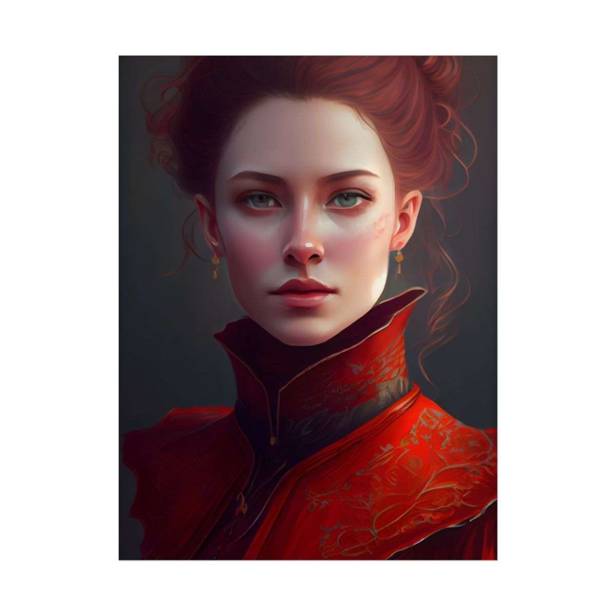 Vibrant Redhead Portrait in Red Dress: Artwork - Poster