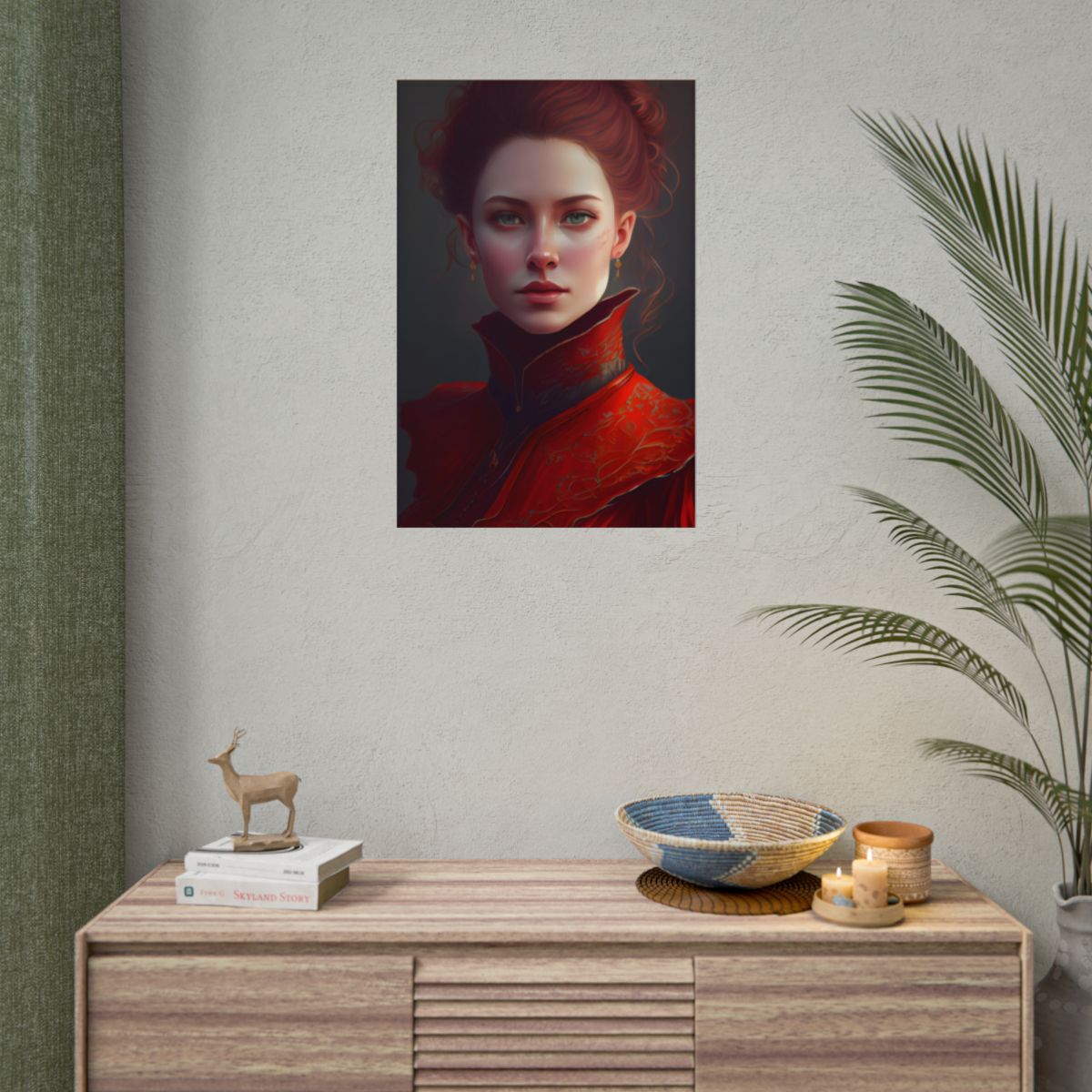 Vibrant Redhead Portrait in Red Dress: Artwork - Poster