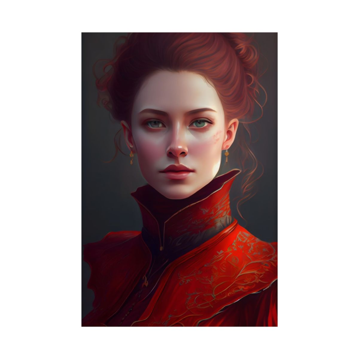 Vibrant Redhead Portrait in Red Dress: Artwork - Poster