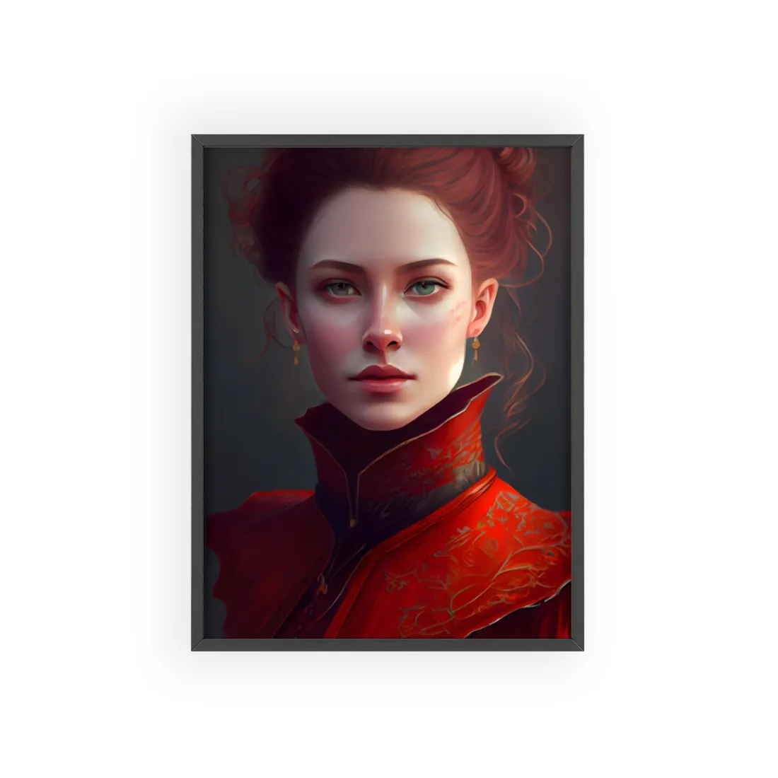 Vibrant Redhead Portrait in Red Dress - Framed Poster