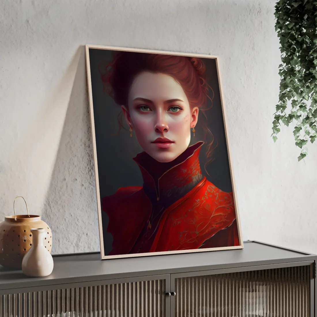 Vibrant Redhead Portrait in Red Dress - Framed Poster