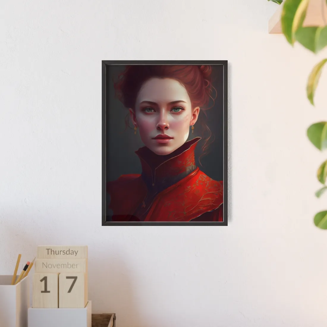 Vibrant Redhead Portrait in Red Dress - Framed Poster