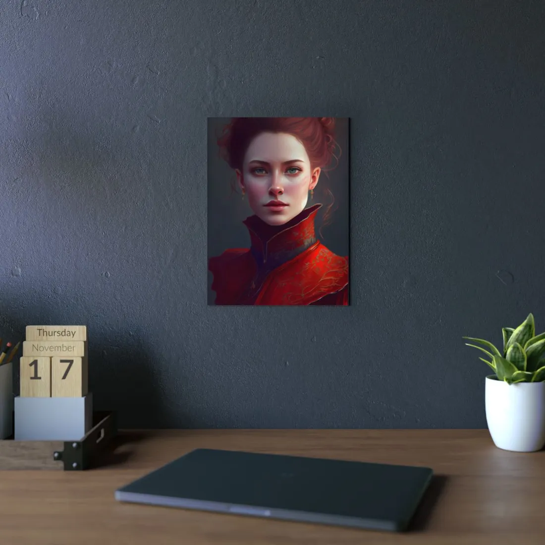 Vibrant Redhead Portrait in Red Dress - Metal Poster