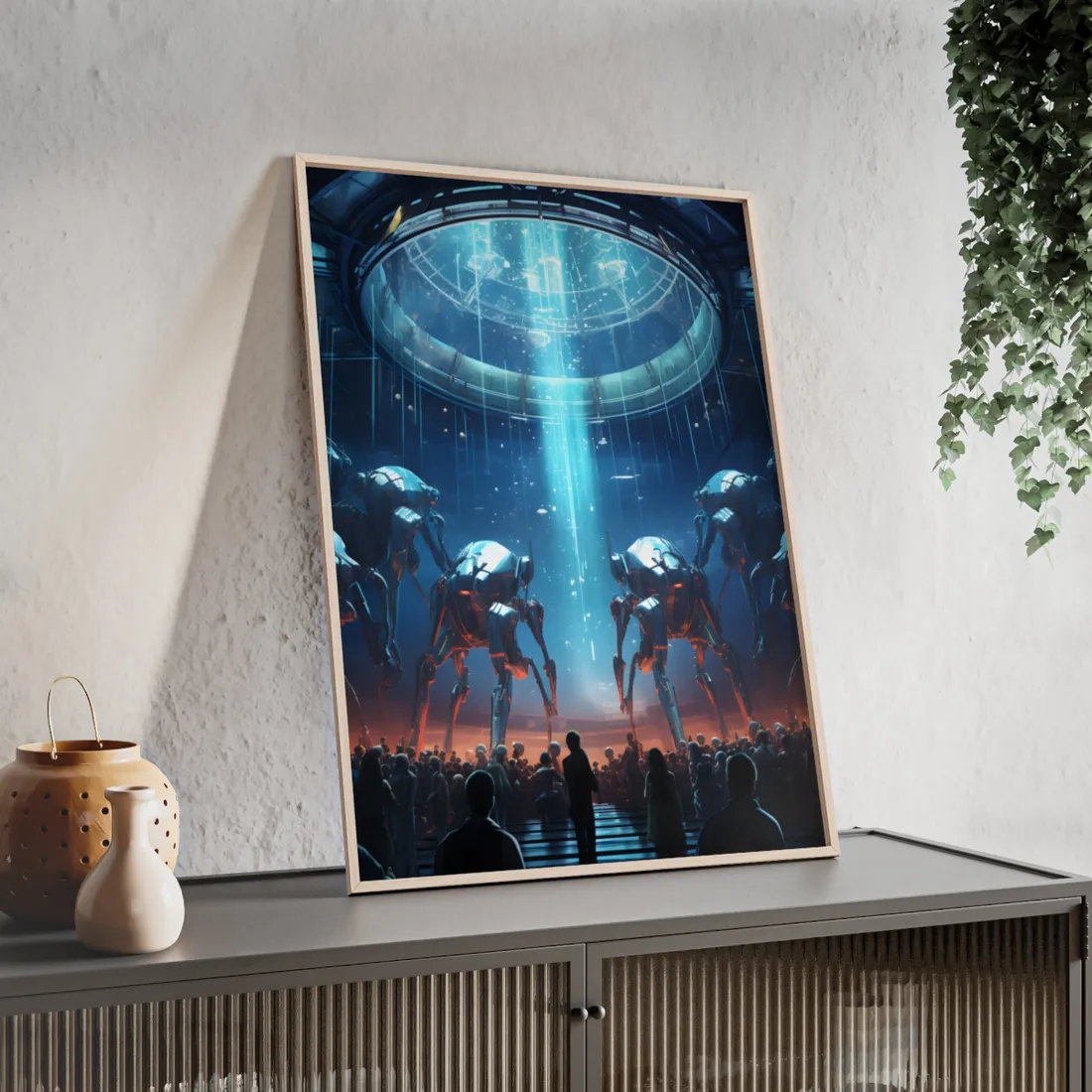 Vibrant Robot Symphony: A Harmonious Blend of Human and Robotic Musicians - Framed Poster