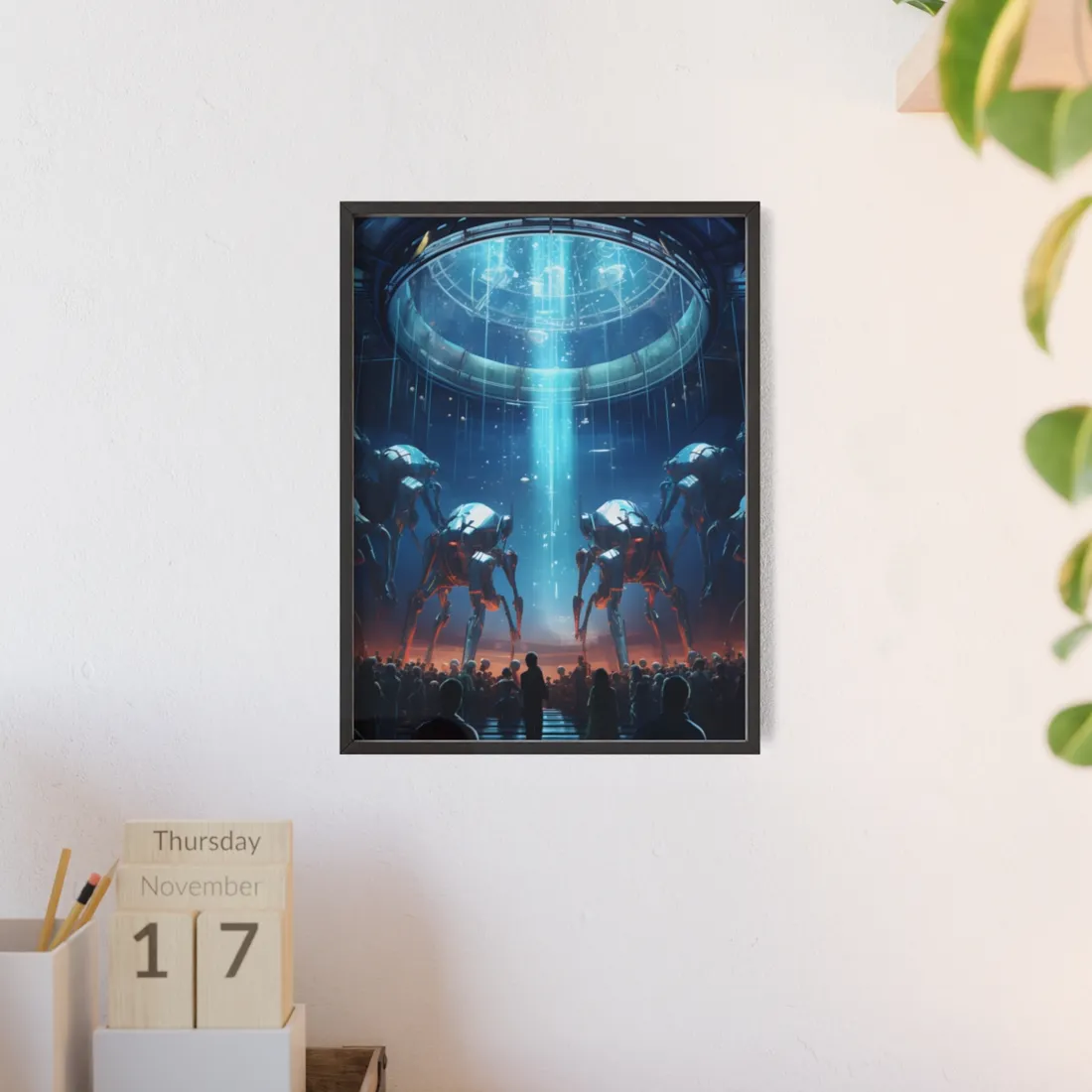 Vibrant Robot Symphony: A Harmonious Blend of Human and Robotic Musicians - Framed Poster