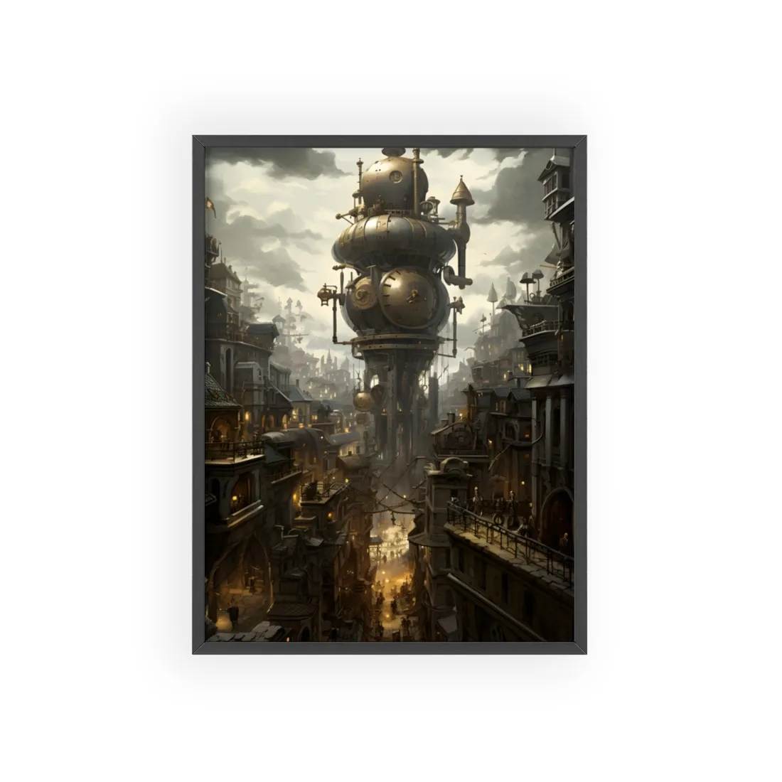 Vibrant Steampunk City: A World of Wonder - Framed Poster