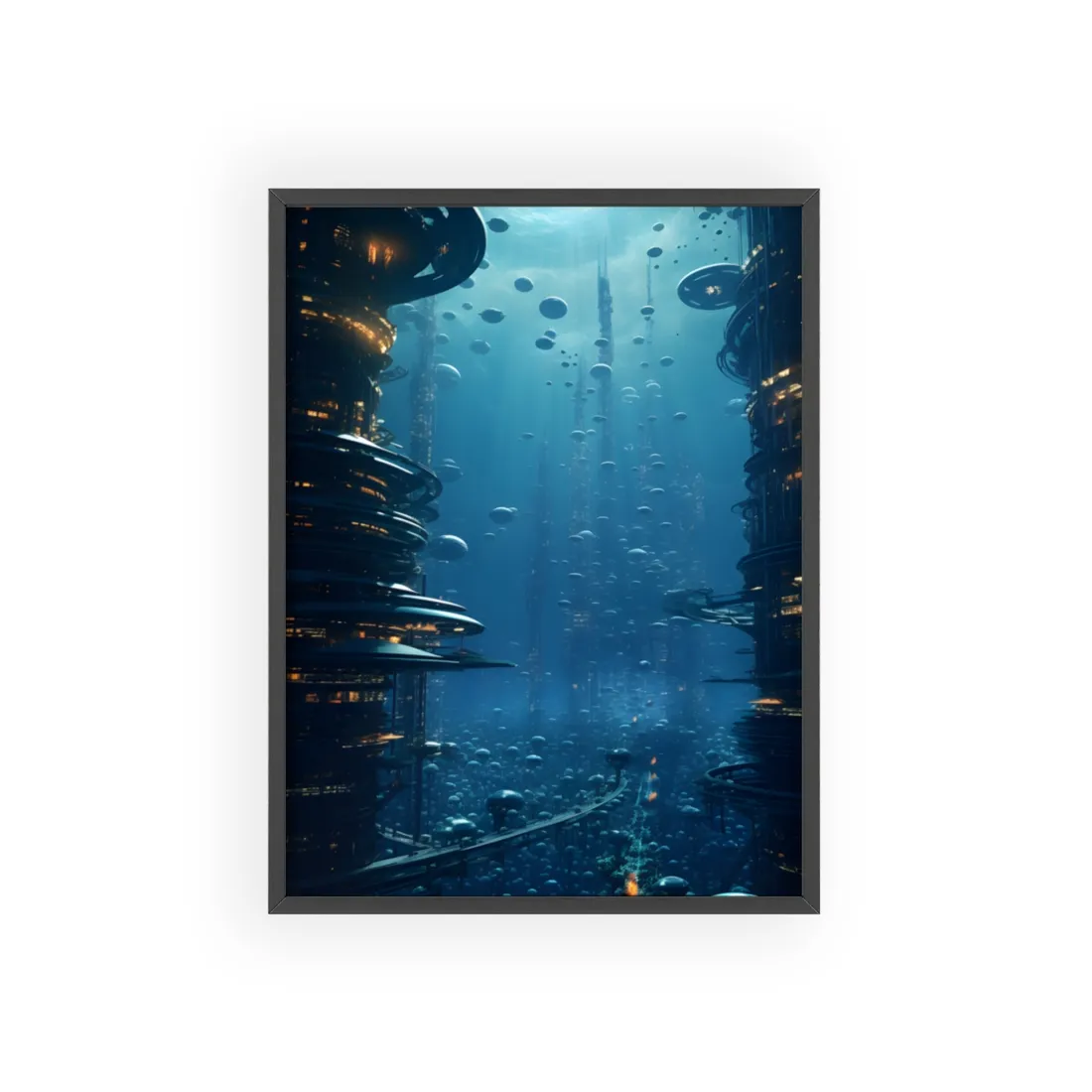 Vibrant Underwater City: Futuristic Urban Landscape - Framed Poster