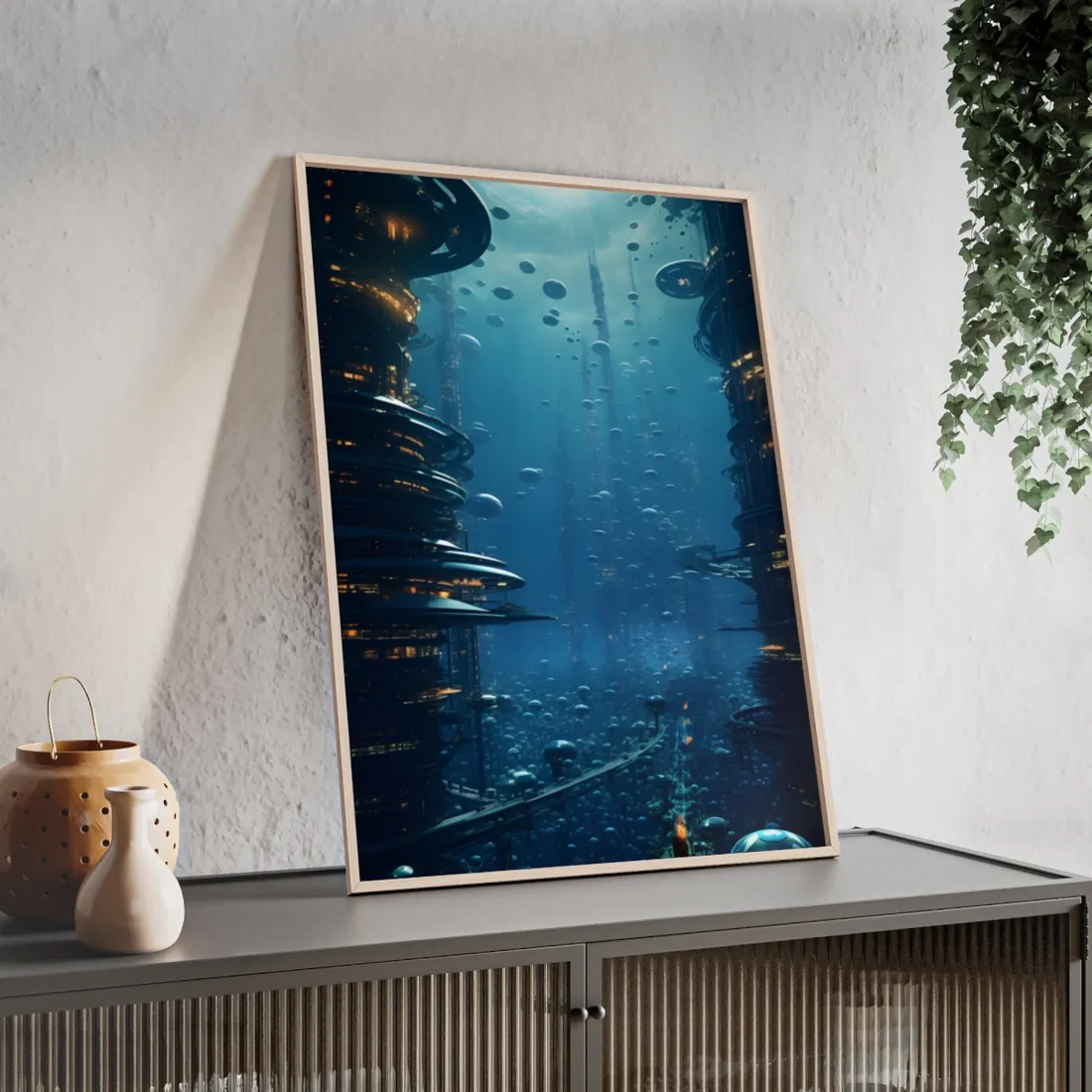 Vibrant Underwater City: Futuristic Urban Landscape - Framed Poster