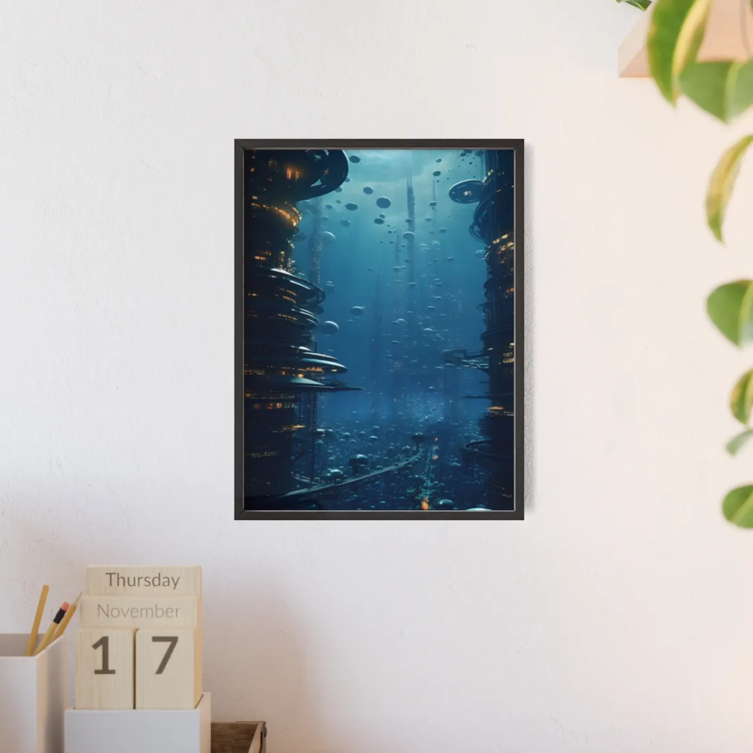 Vibrant Underwater City: Futuristic Urban Landscape - Framed Poster