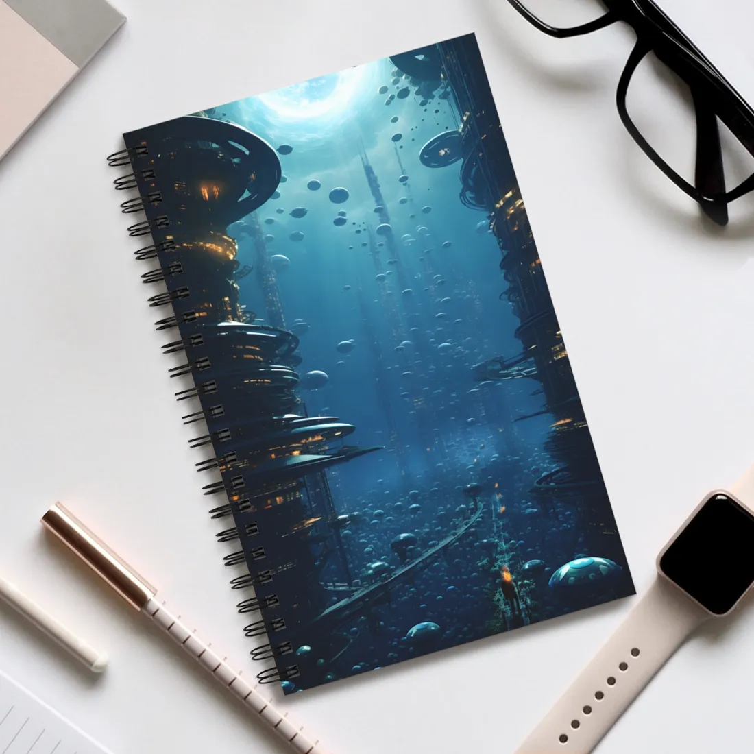 Vibrant Underwater City: Futuristic Urban Landscape - Spiral Notebook