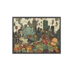 Cartoon City Skyline with Food Framed Poster