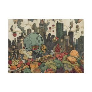 Cartoon City Skyline with Food Poster