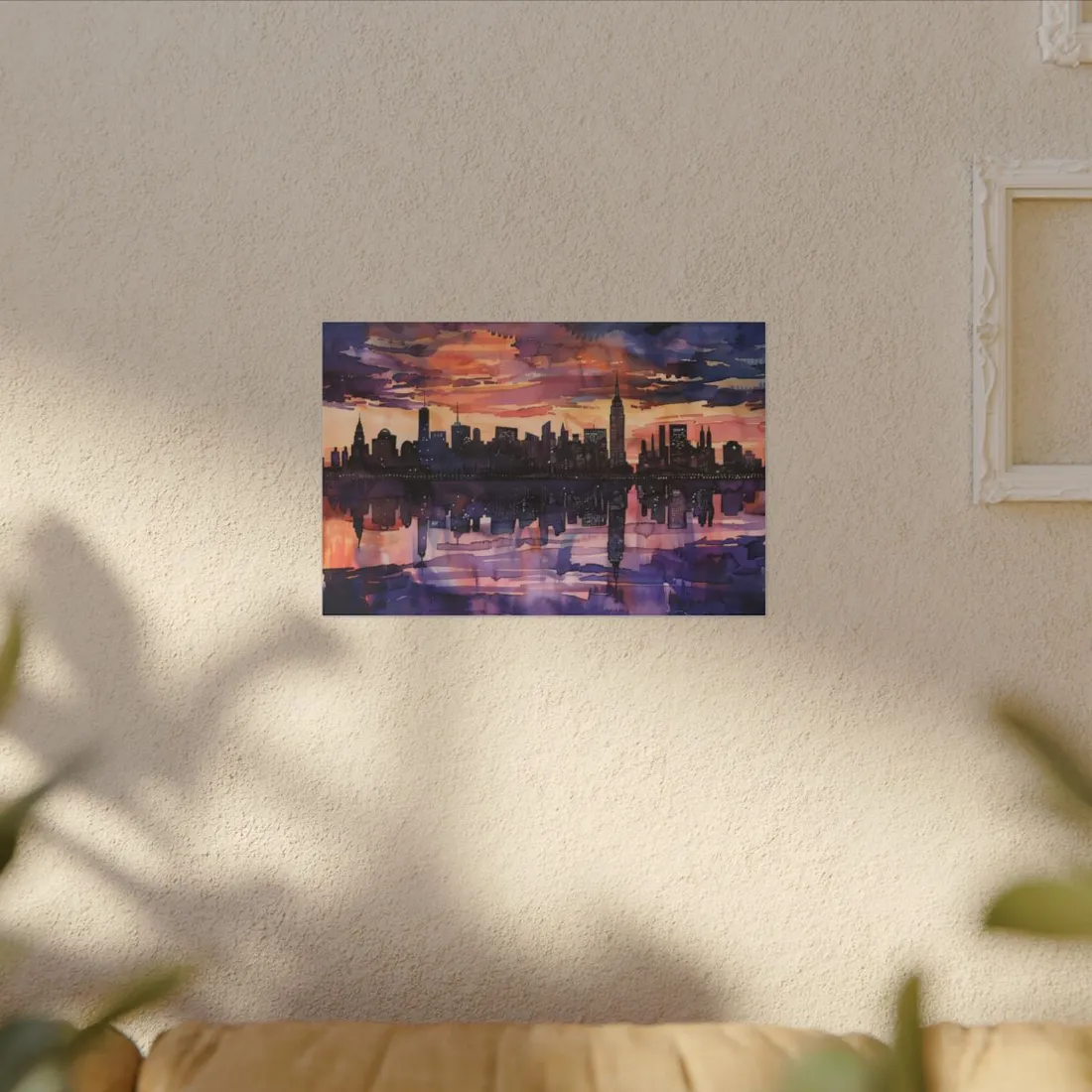 Vibrant Watercolor NYC Sunset: Dynamic Skyline Art - Canvas