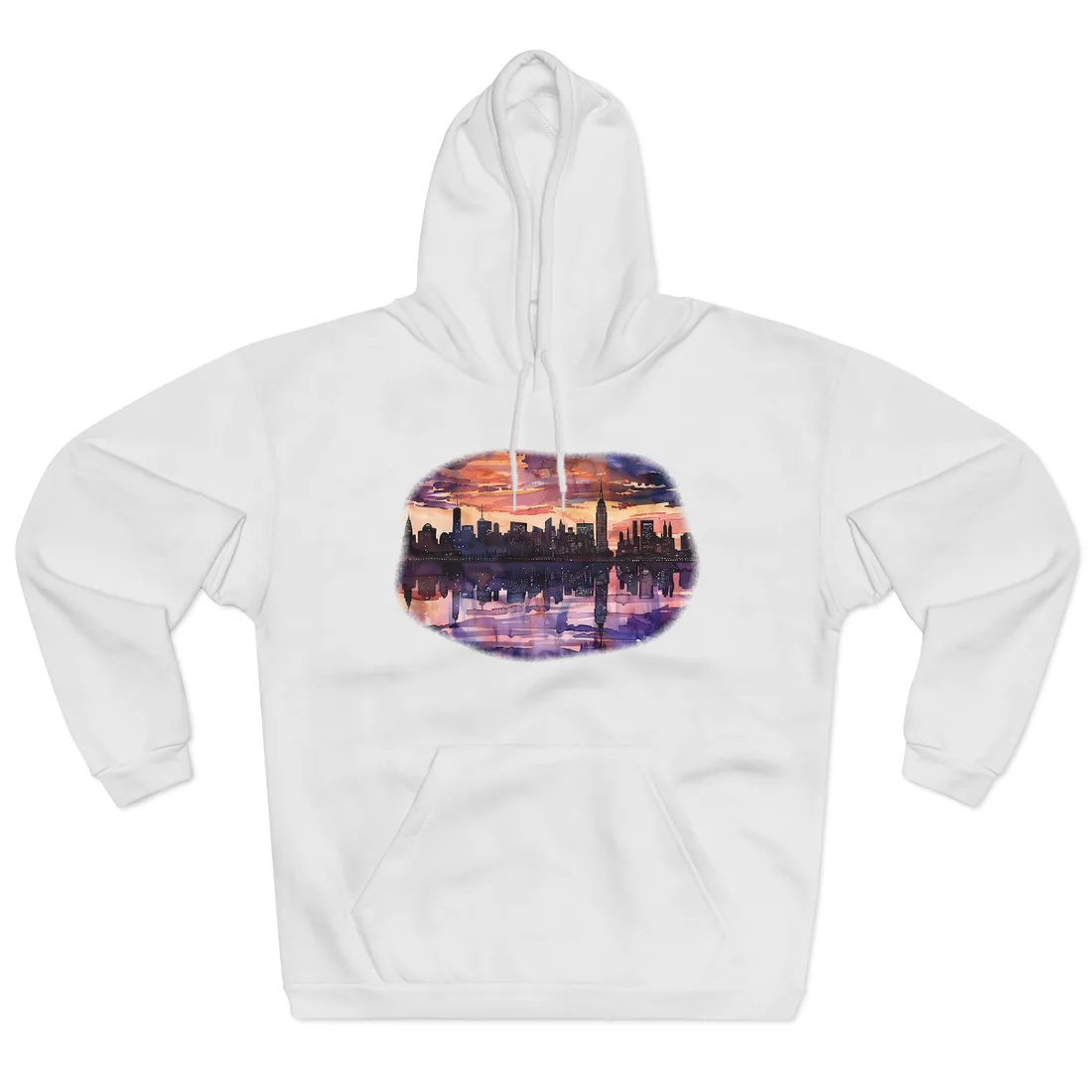 Vibrant Watercolor NYC Sunset: Dynamic Skyline Art - Hoodie (White)
