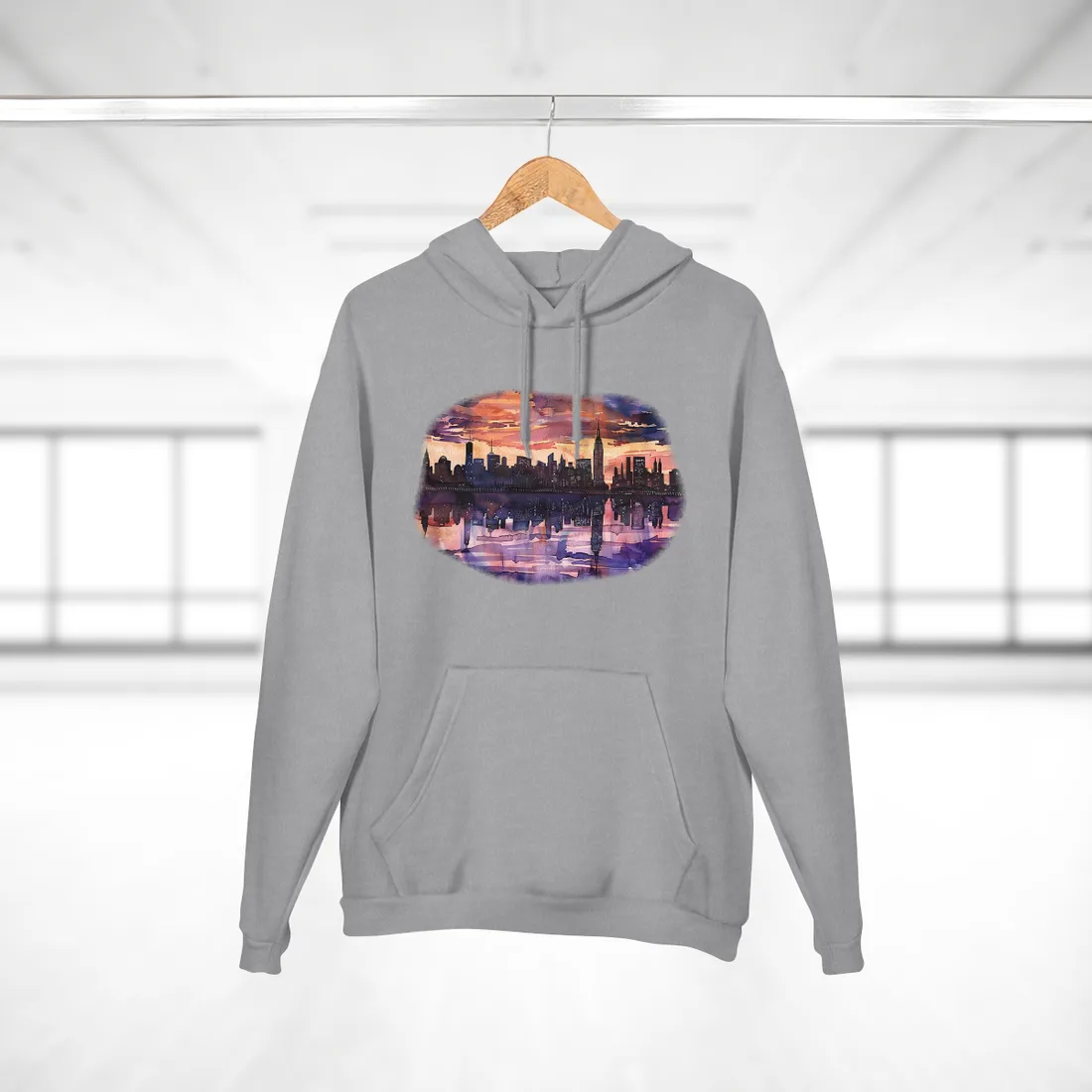 Vibrant Watercolor NYC Sunset: Dynamic Skyline Art - Hoodie (Heather Grey)