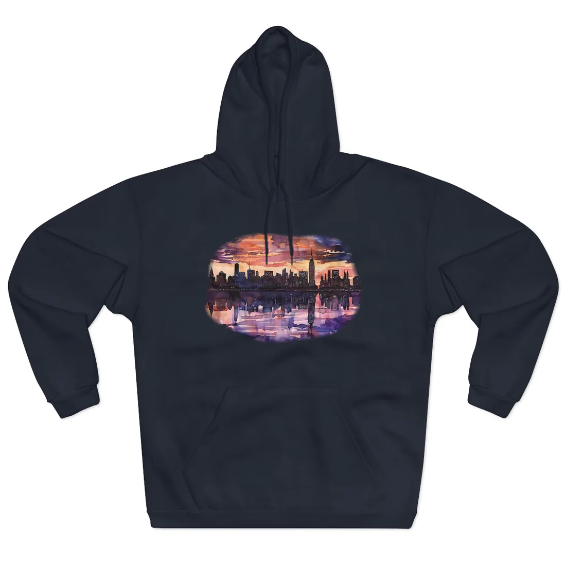 Vibrant Watercolor NYC Sunset: Dynamic Skyline Art - Hoodie (Navy)