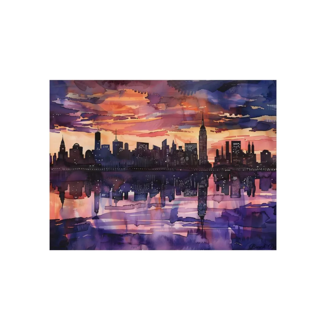 Vibrant Watercolor NYC Sunset: Dynamic Skyline Art - Metal Poster