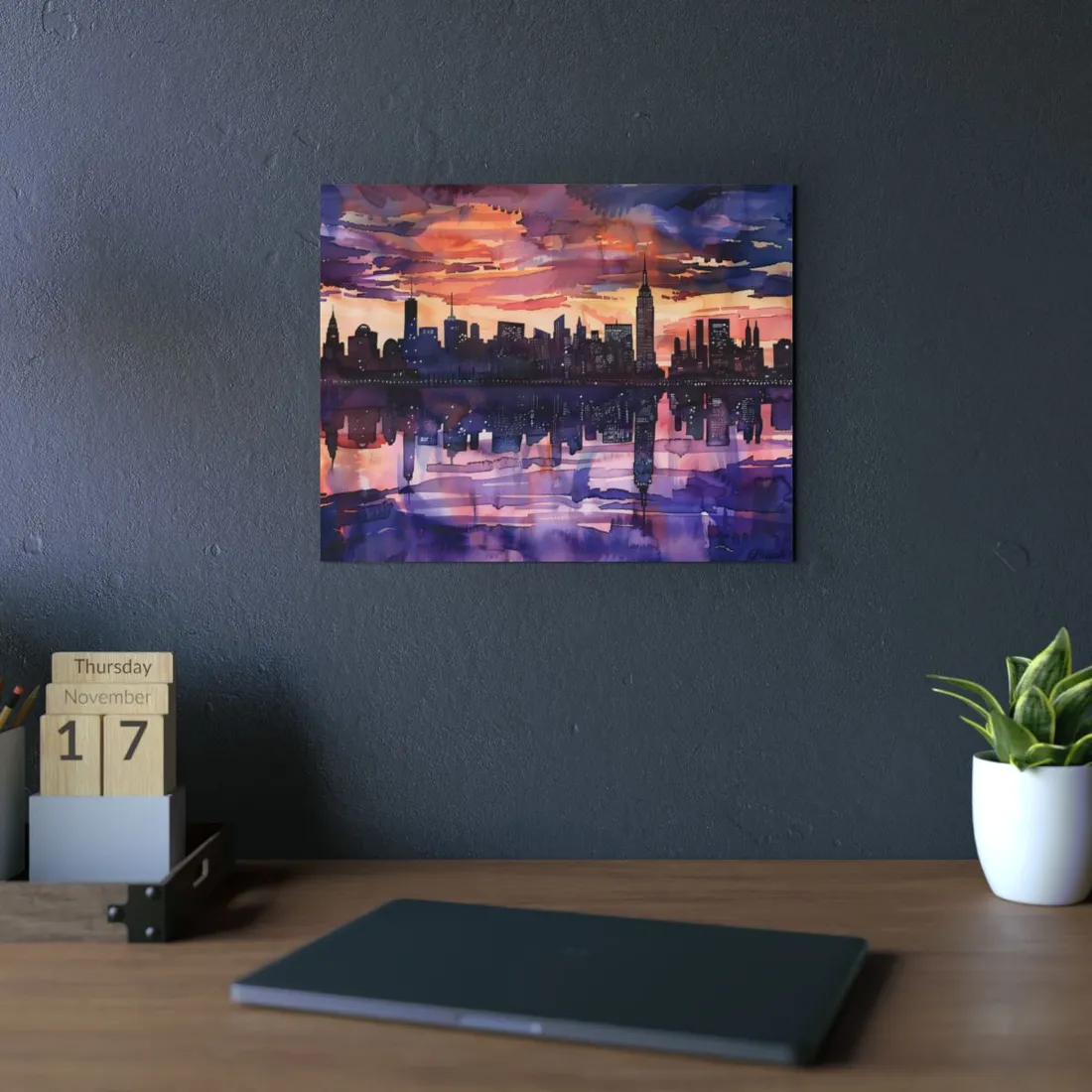 Vibrant Watercolor NYC Sunset: Dynamic Skyline Art - Metal Poster