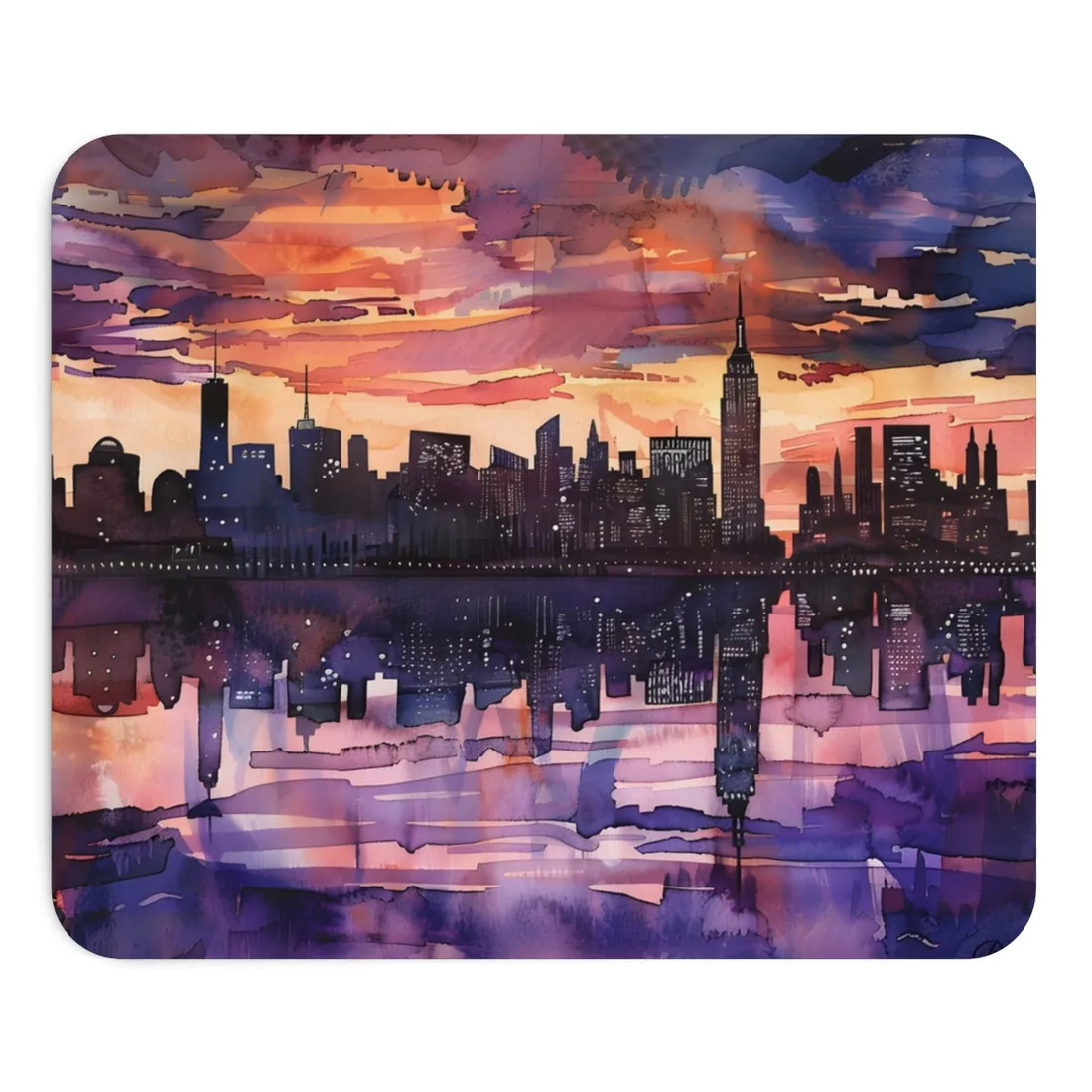 Vibrant Watercolor NYC Sunset: Dynamic Skyline Art - Mouse Pad