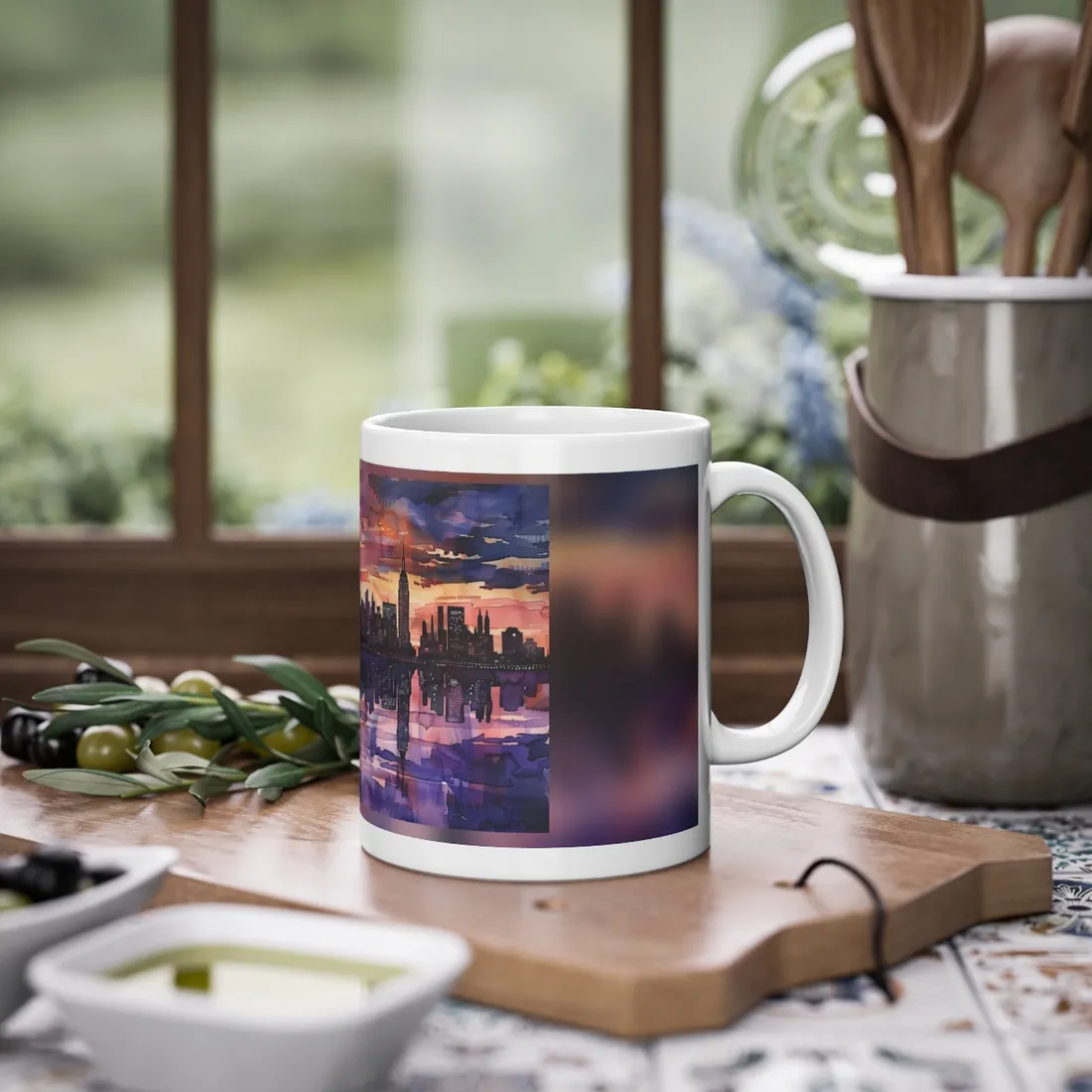 Vibrant Watercolor NYC Sunset: Dynamic Skyline Art - Mug