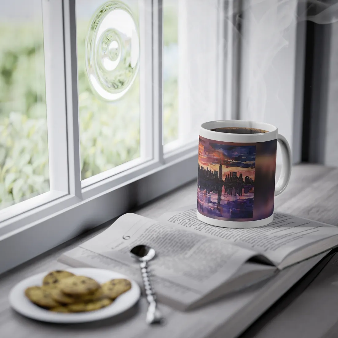 Vibrant Watercolor NYC Sunset: Dynamic Skyline Art - Mug
